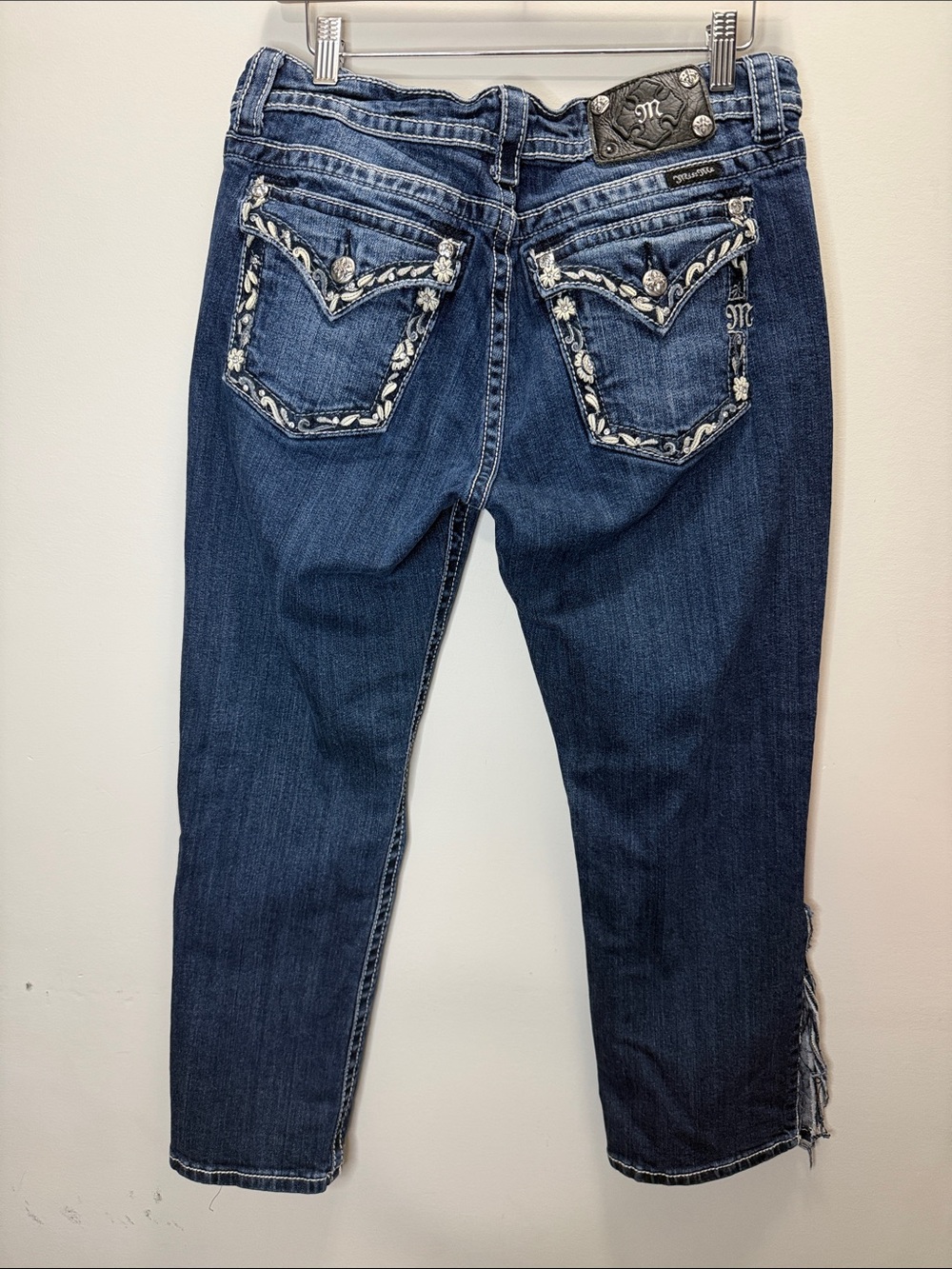 Y2K Miss Me Dark Blue Cropped Denim Jeans - Ripped Edges Size 30, L34, I25